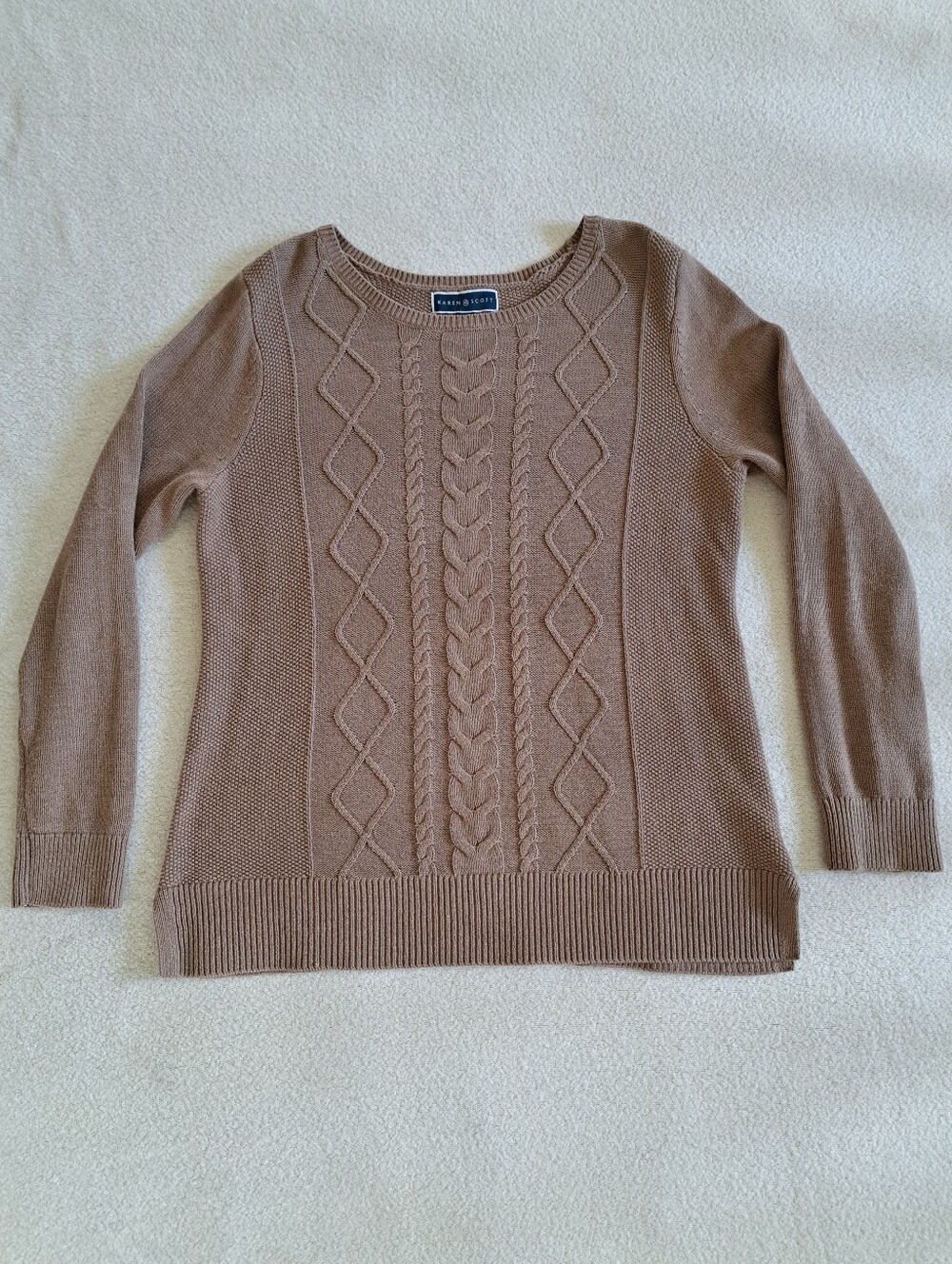 Karen Scott Knit Sweater Womens Size Medium Brown Cable Ribbed Neutral Classic